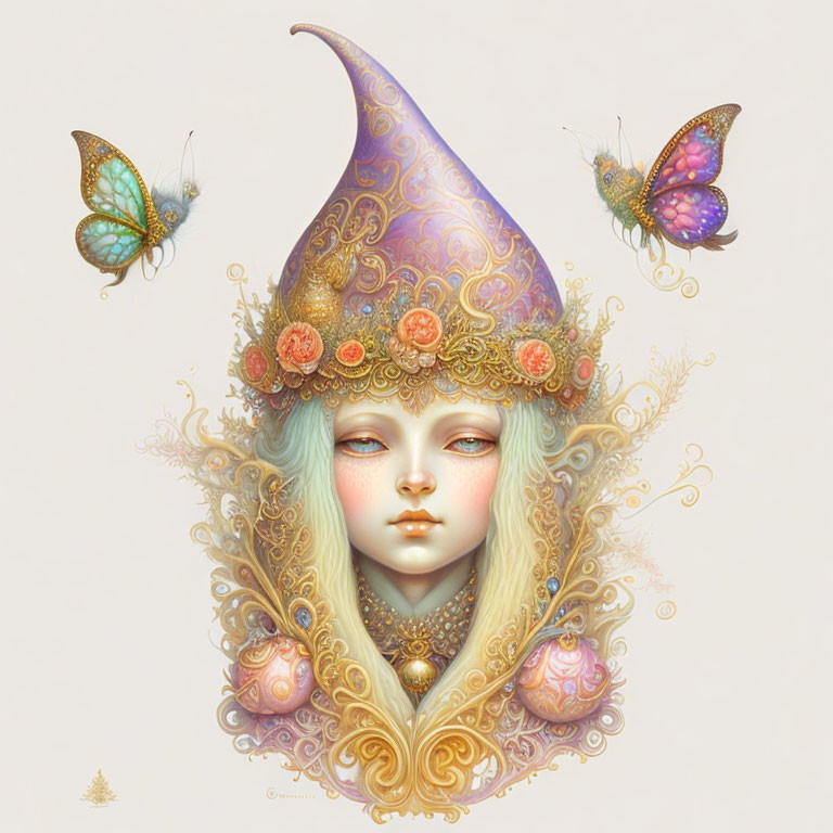 Ethereal female figure with whimsical hat, gold details, and butterflies on pale background