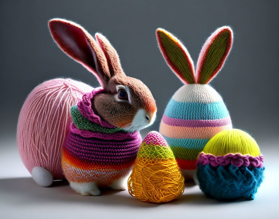 Rabbit in Knitted Sweater with Yarn Eggs on Gray Background