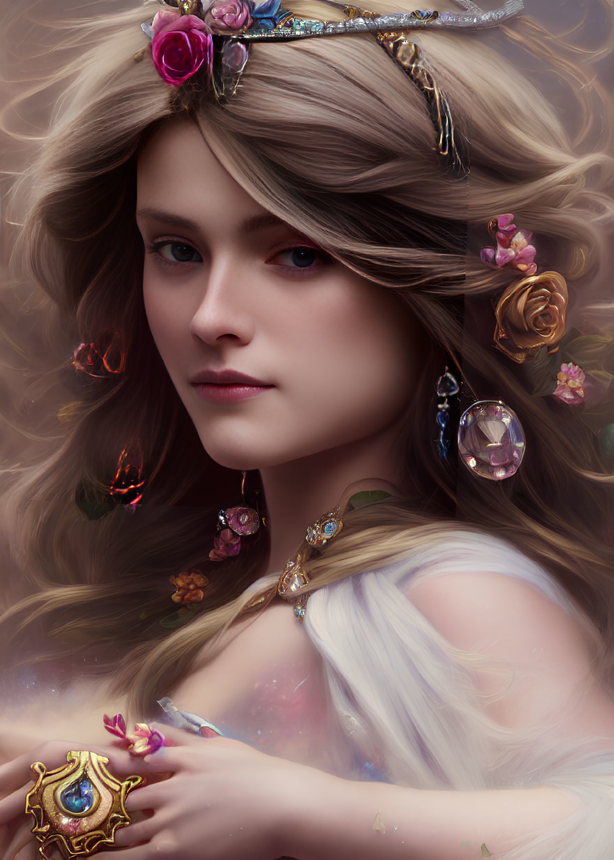 Fantasy portrait of woman with floral hair, holding gemstone heart in mystical setting