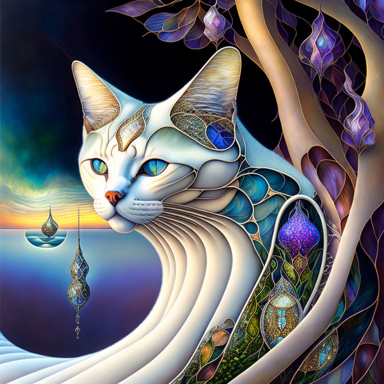 Surreal cat illustration merging with tree in colorful dreamy landscape