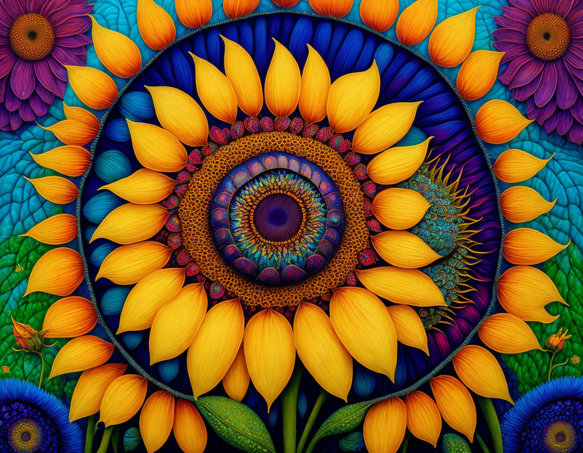 Detailed sunflower artwork with vibrant colors and intricate patterns