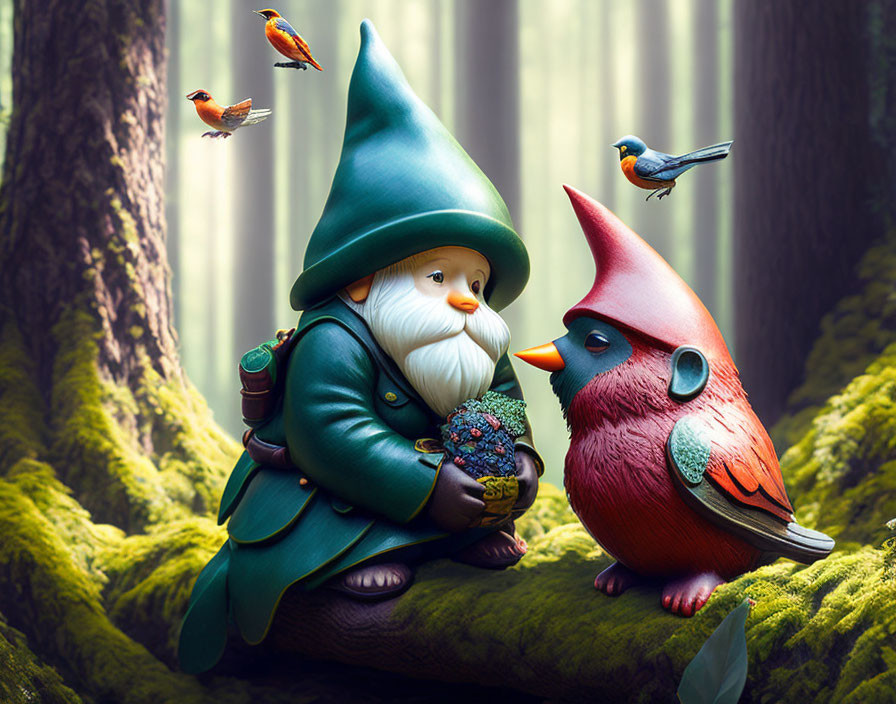 Enchanted gnome with jewel and red bird in mystical forest