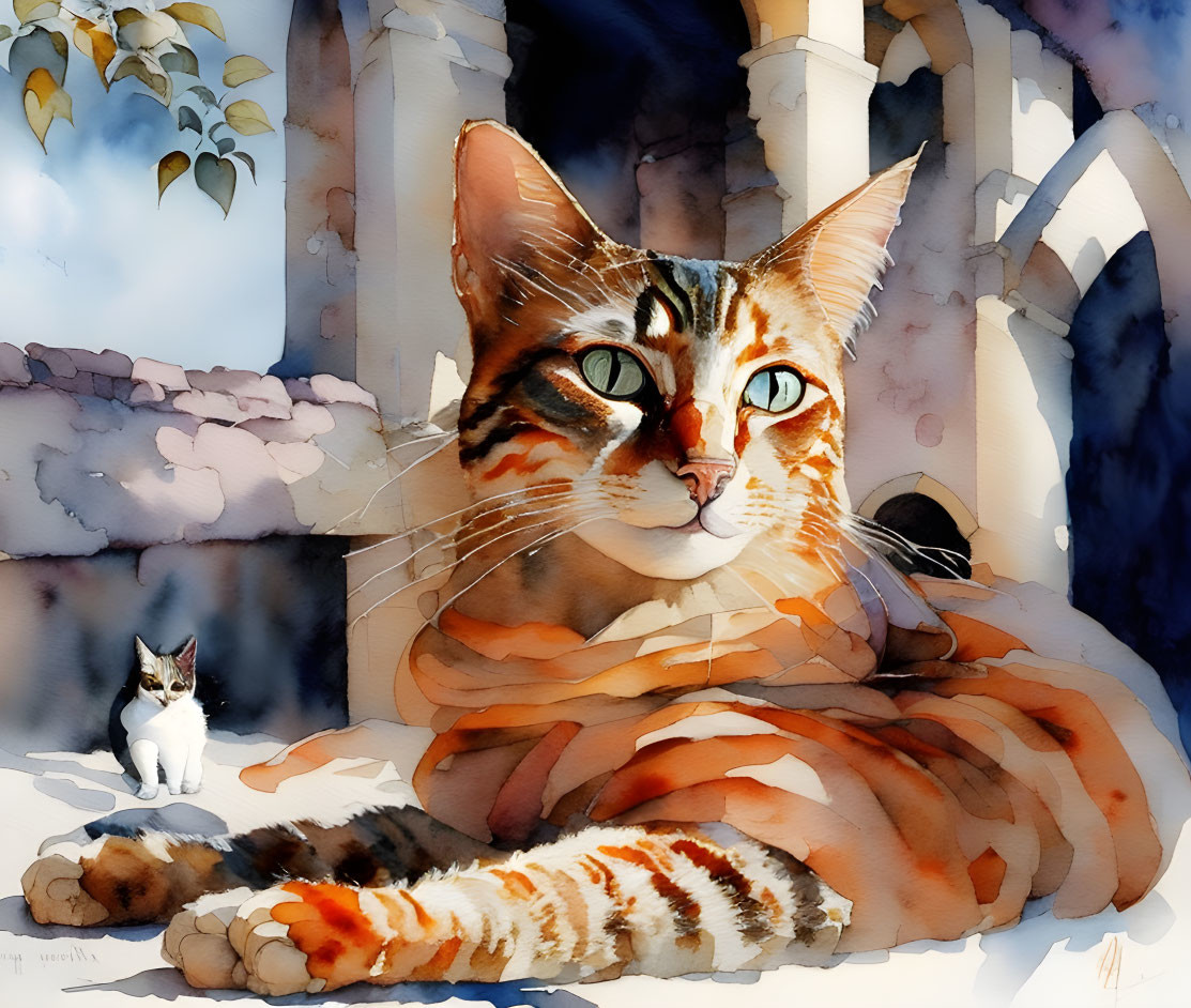 Vivid Watercolor Painting of Orange Tabby Cat and White Kitten