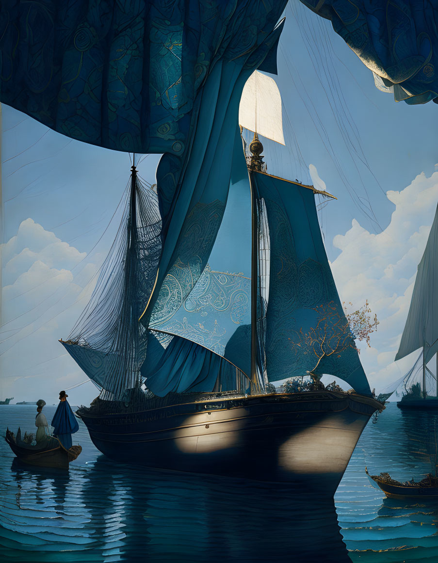 Vintage sailboat with blue sails on calm waters and figures in period attire.