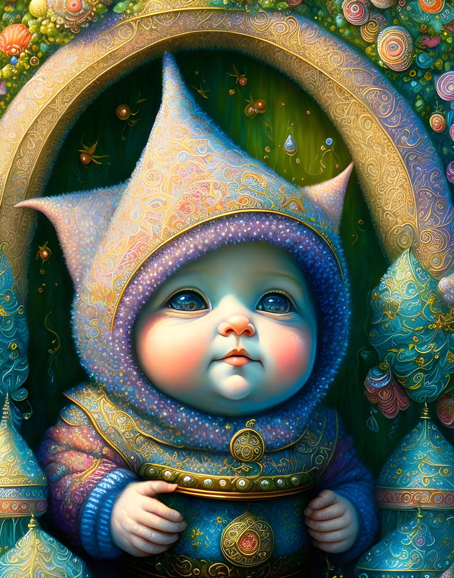 Illustration of a Baby in Blue Hood with Floral Patterns