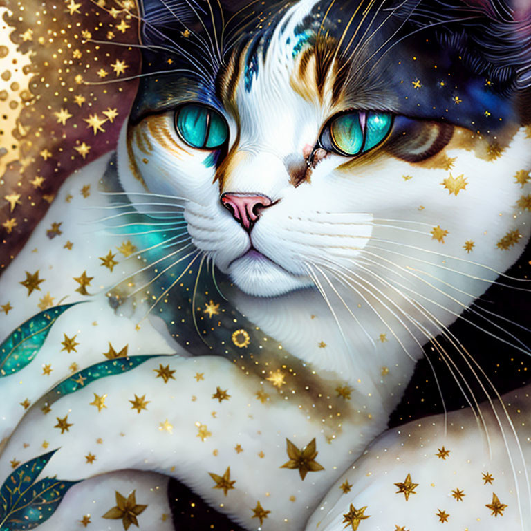 Colorful Cosmic Cat Digital Art with Multicolored Fur and Starry Pattern