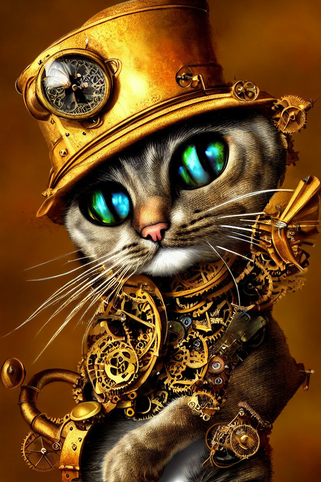 Steampunk-inspired cat with green eyes in brass hat and armor