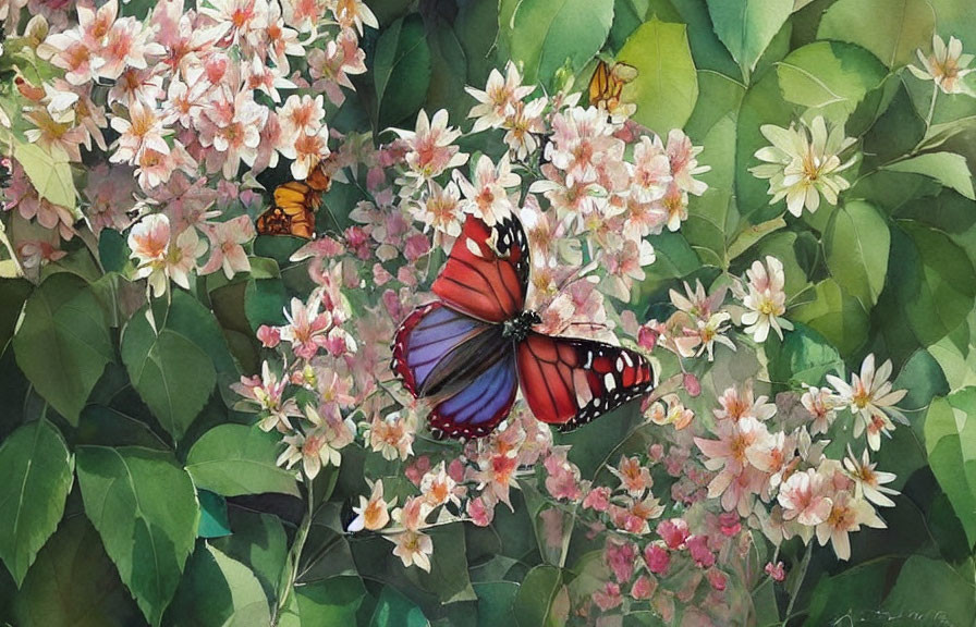 Colorful butterfly on red and black wings among pink blossoms