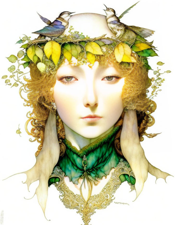 Ethereal portrait of person with curly hair and leaf wreath, ornate green collar.