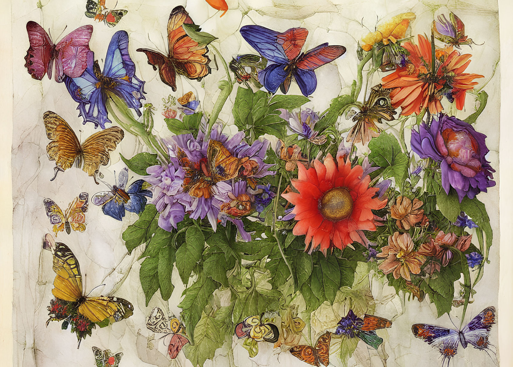 Colorful Butterflies and Flowers on Parchment Background