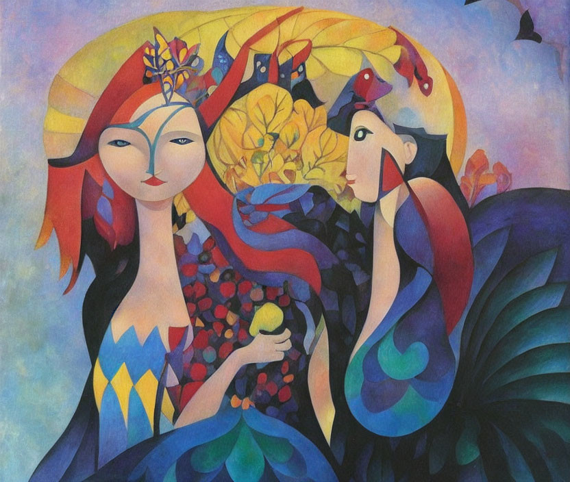 Colorful Cubist Style Painting of Two Women with Apple and Flowers