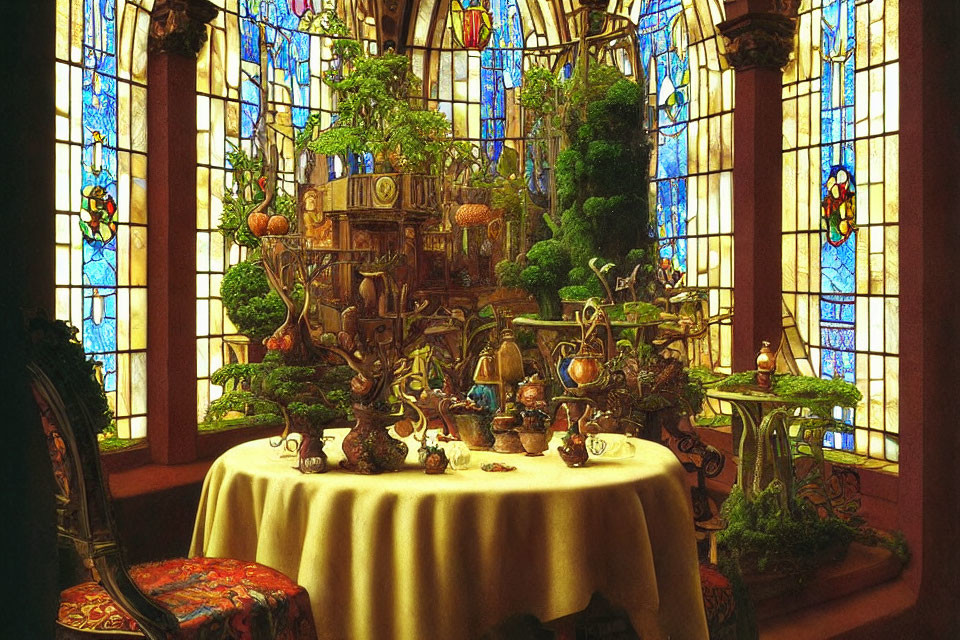 Sunlit Room with Vintage Tea Set and Stained Glass Windows