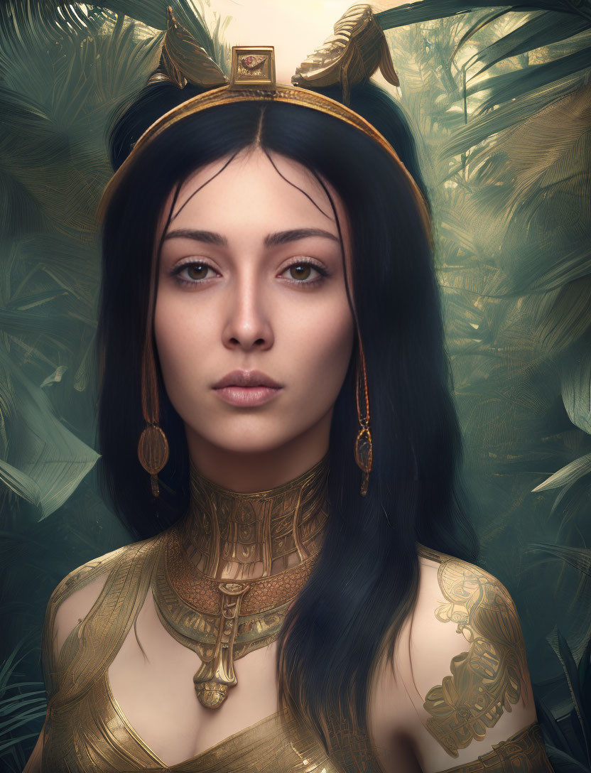 Dark-haired woman with golden Egyptian cat headpiece in lush green foliage