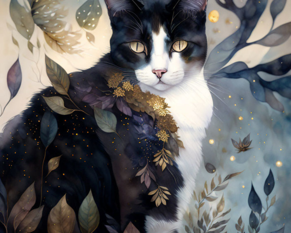 Illustration of majestic black and white cat with golden and blue leaves.