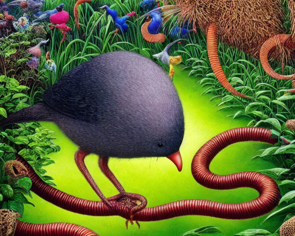 Stylized large round bird with red beak among surreal worms in vibrant green foliage