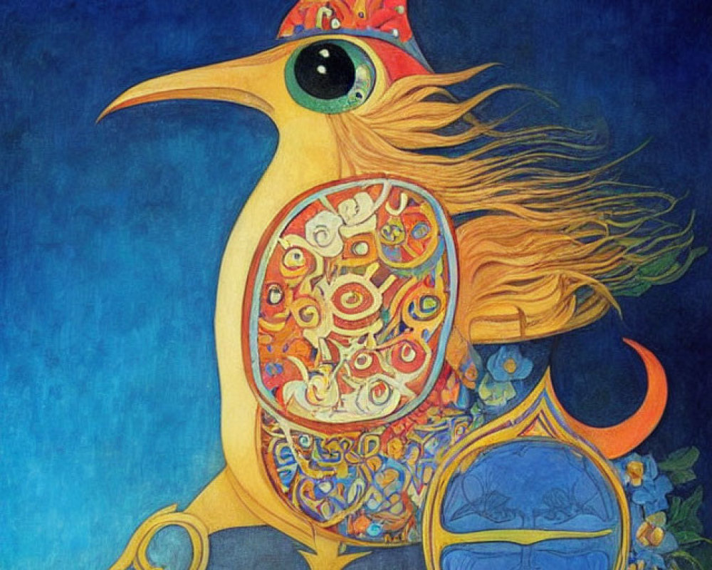 Colorful whimsical bird painting with intricate patterns and surreal design