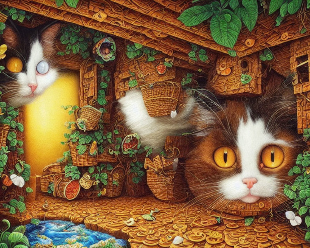 Whimsical fantasy artwork of two large cats in wooden house