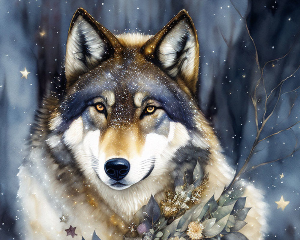 Majestic brown and gray wolf in snowy starry scene with delicate neck flora