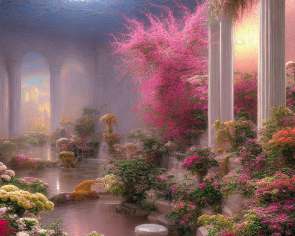 Ethereal indoor garden with pink blossoms, stone columns, tranquil pond, glowing chandelier