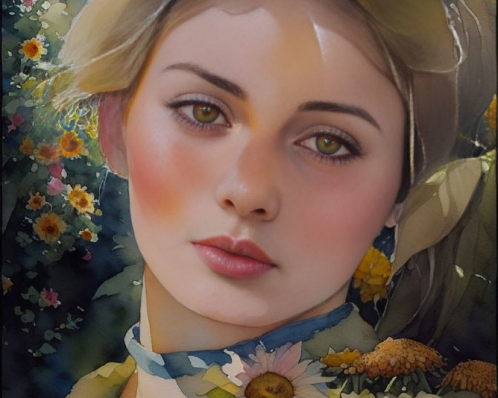 Young Woman Portrait with Rosy Cheeks and Hazel Eyes in Vintage-style Outfit Amid Colorful Flowers