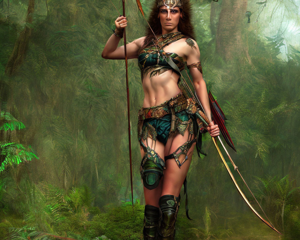 Warrior woman in green and brown armor with bow and arrow in forest