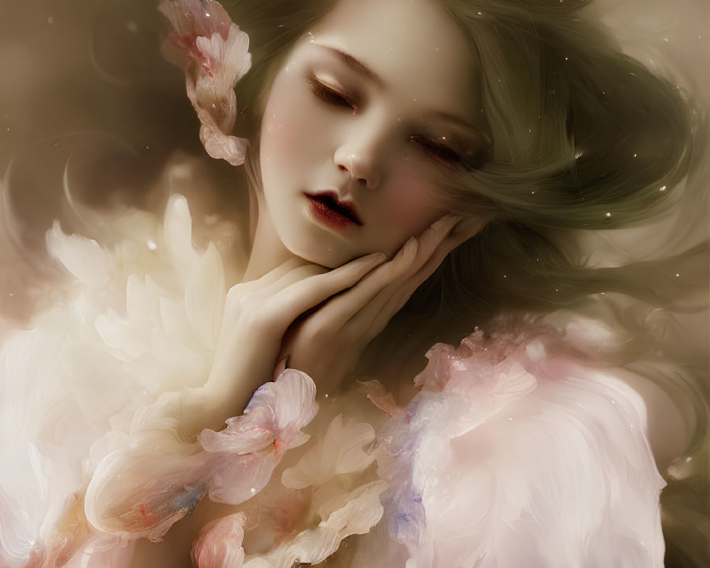 Ethereal portrait of woman with flowing hair and feather-like details