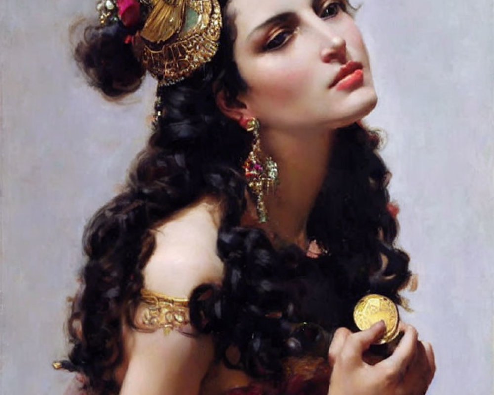 Portrait of a woman with dark curly hair and golden headdress holding a coin