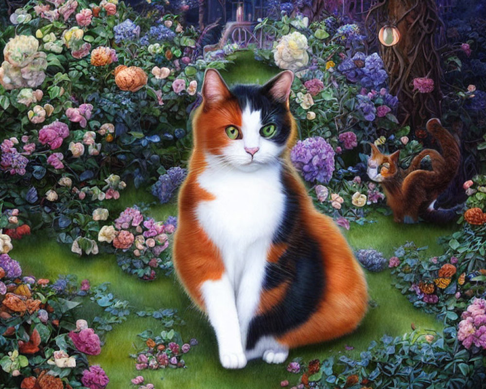 Calico Cat Surrounded by Colorful Garden and Glowing Lights