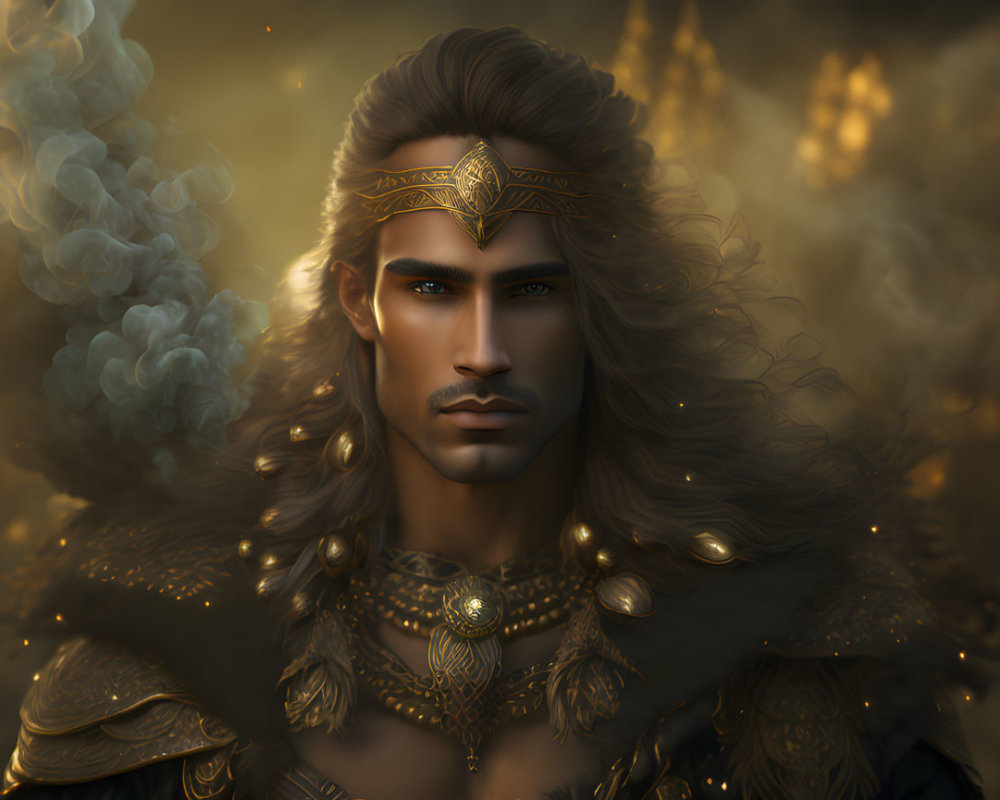 Regal figure in golden armor against smoky background