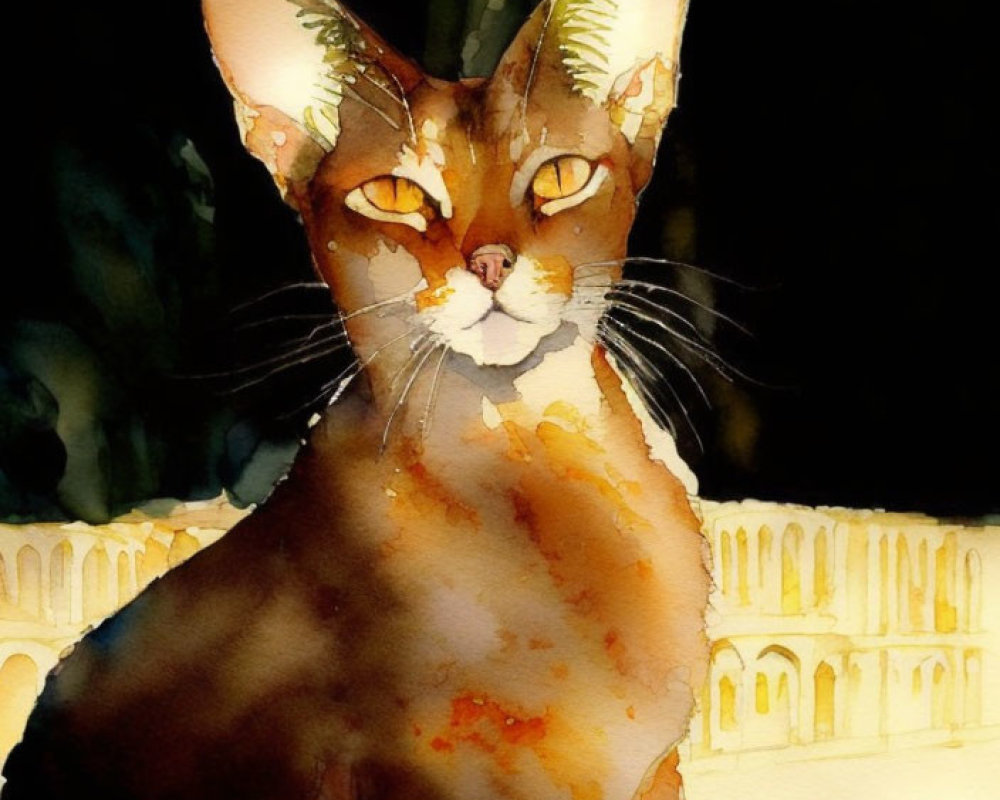 Brown and Orange Cat Watercolor Painting with Green Eyes and Colosseum Background