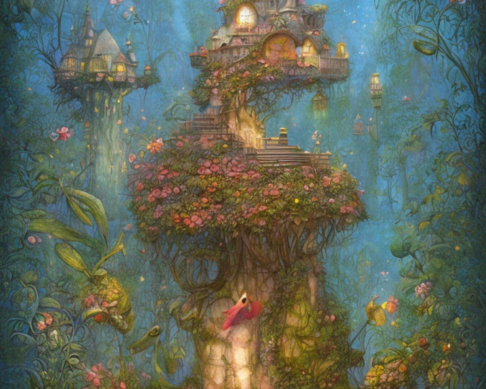 Glowing Enchanted Treehouse in Forest with Birds and Flowers