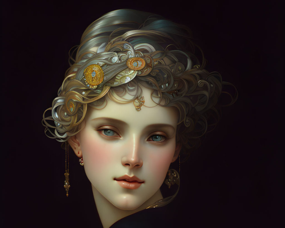 Portrait of woman with voluminous silver hair and ornate golden accessories.