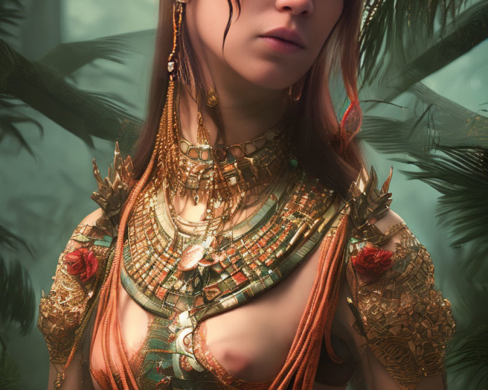 Woman adorned with golden jewelry and tattoos in tropical setting