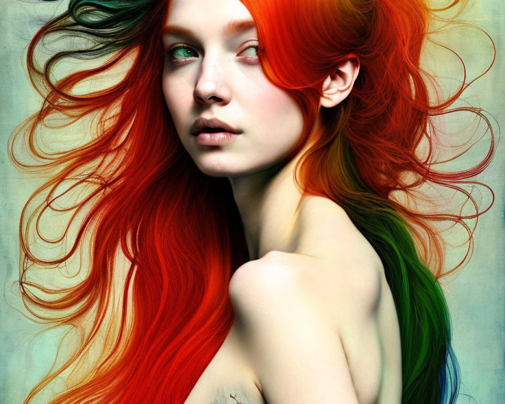 Vibrant Hair Color Transitioning from Red to Green with Shoulder Tattoos