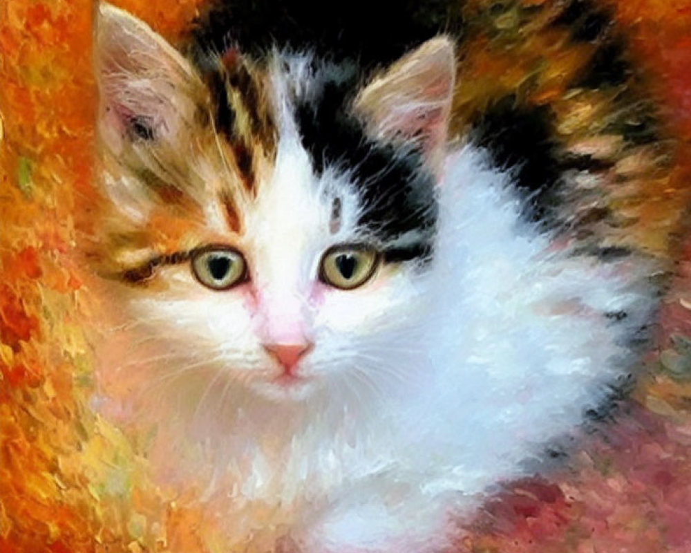 Black, White, and Brown Fur Kitten in Painted Style with Orange Background