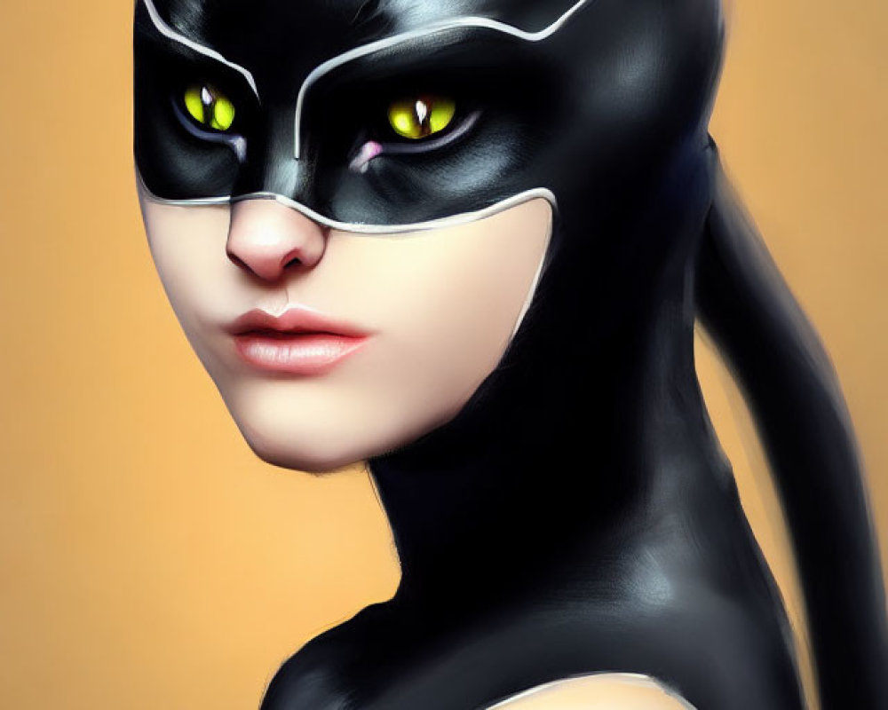 Illustration of person in stylized black cat costume with green eyes