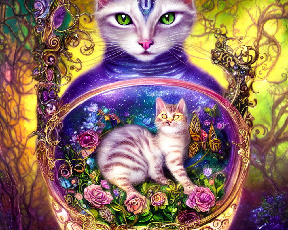 Colorful fantasy artwork: Large cat head above cosmic sphere with smaller cat, flowers, butterflies.