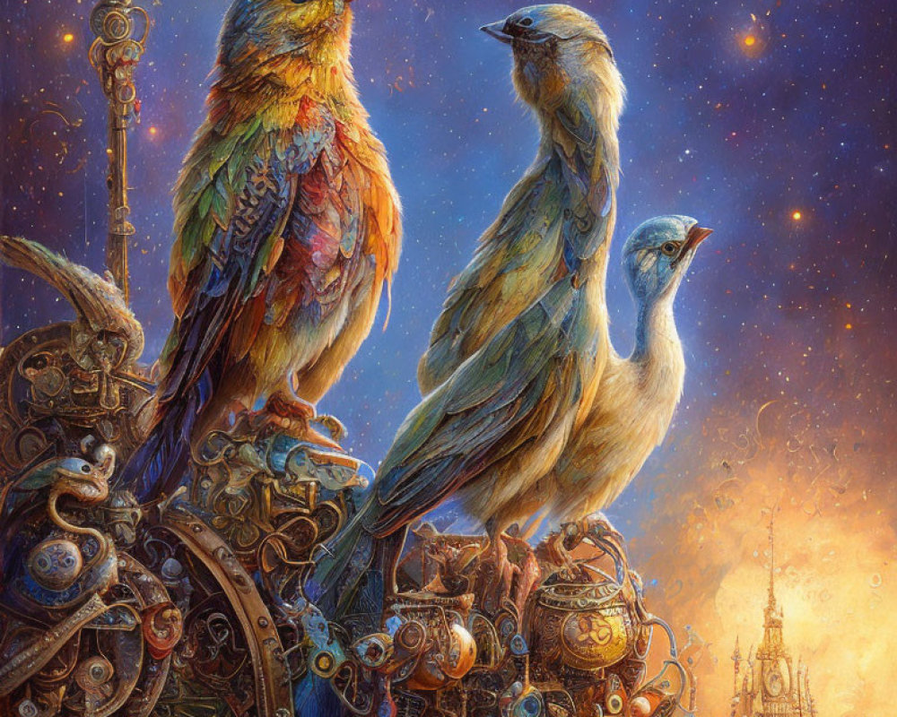 Three vibrant birds on steampunk machinery with twilight sky backdrop