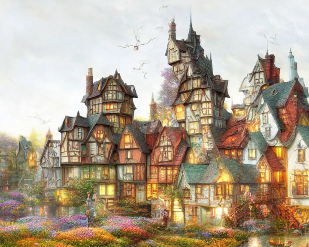 Whimsical Tudor-style village with lush gardens by serene river