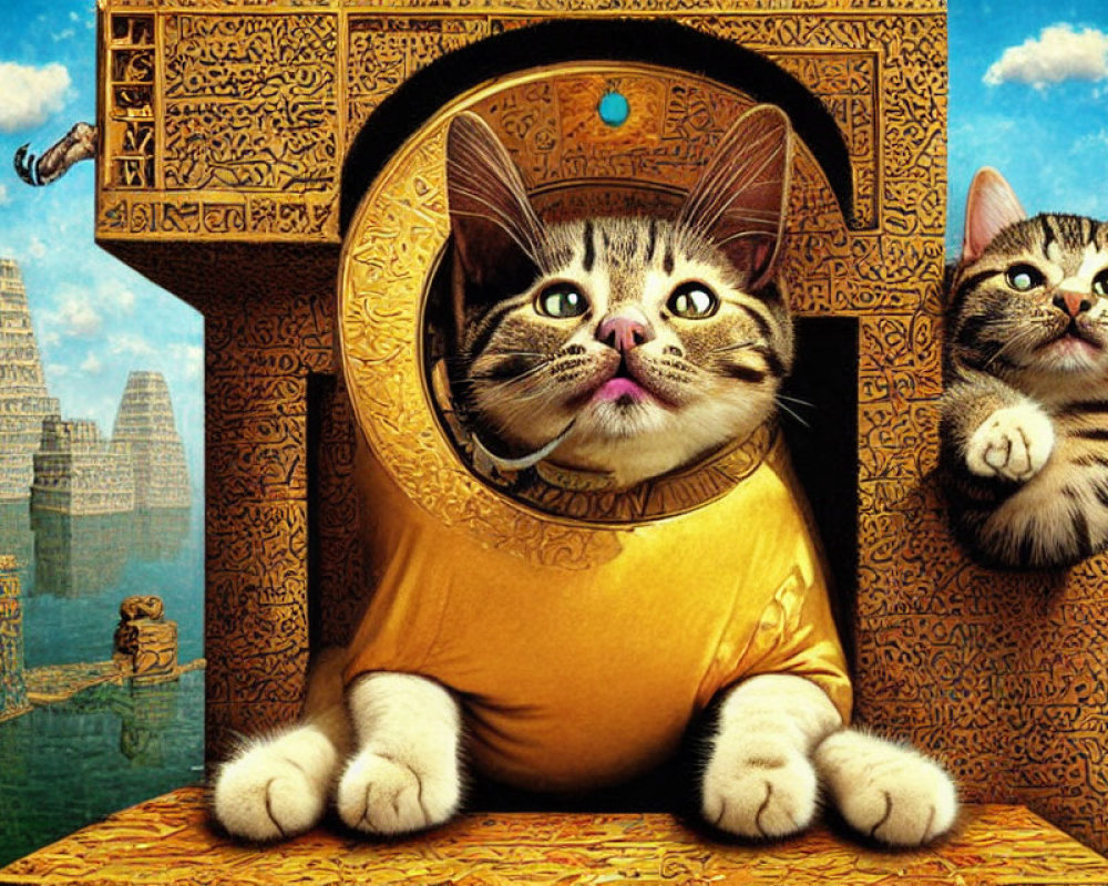 Illustrated cats in ancient Egyptian attire with pyramids and greenery backdrop.