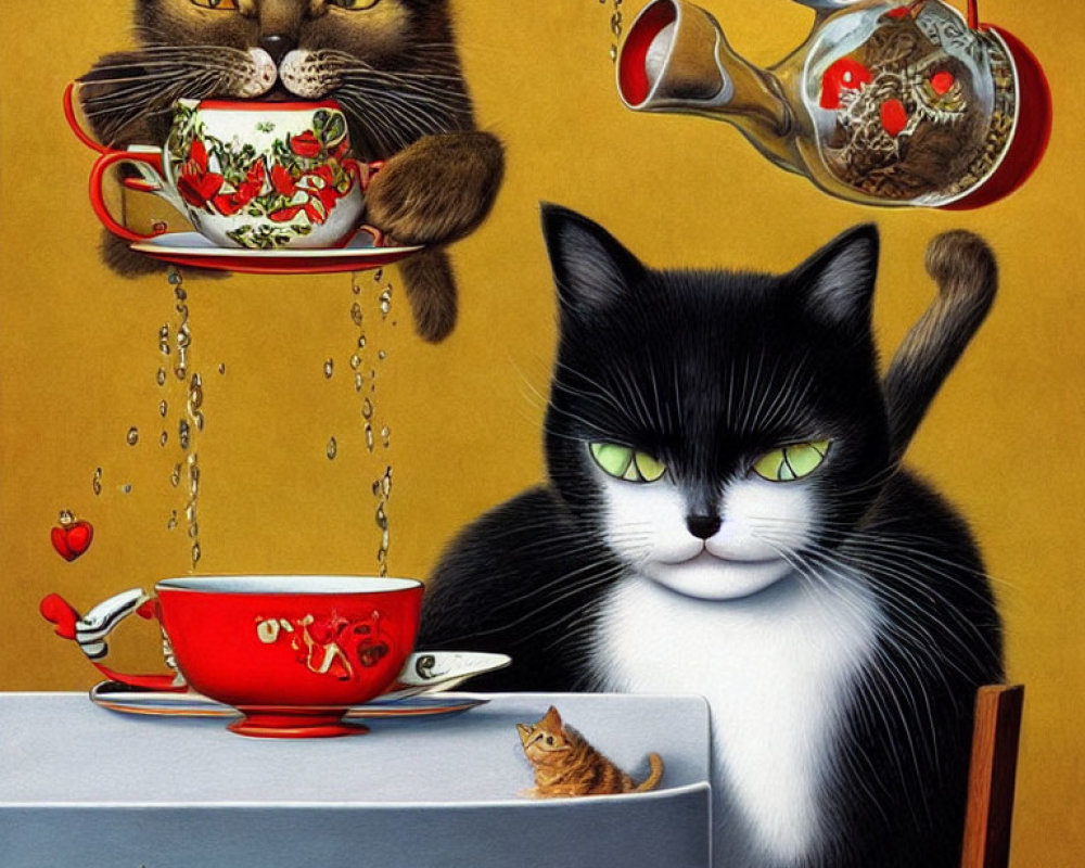 Anthropomorphic cats at table with whimsical elements