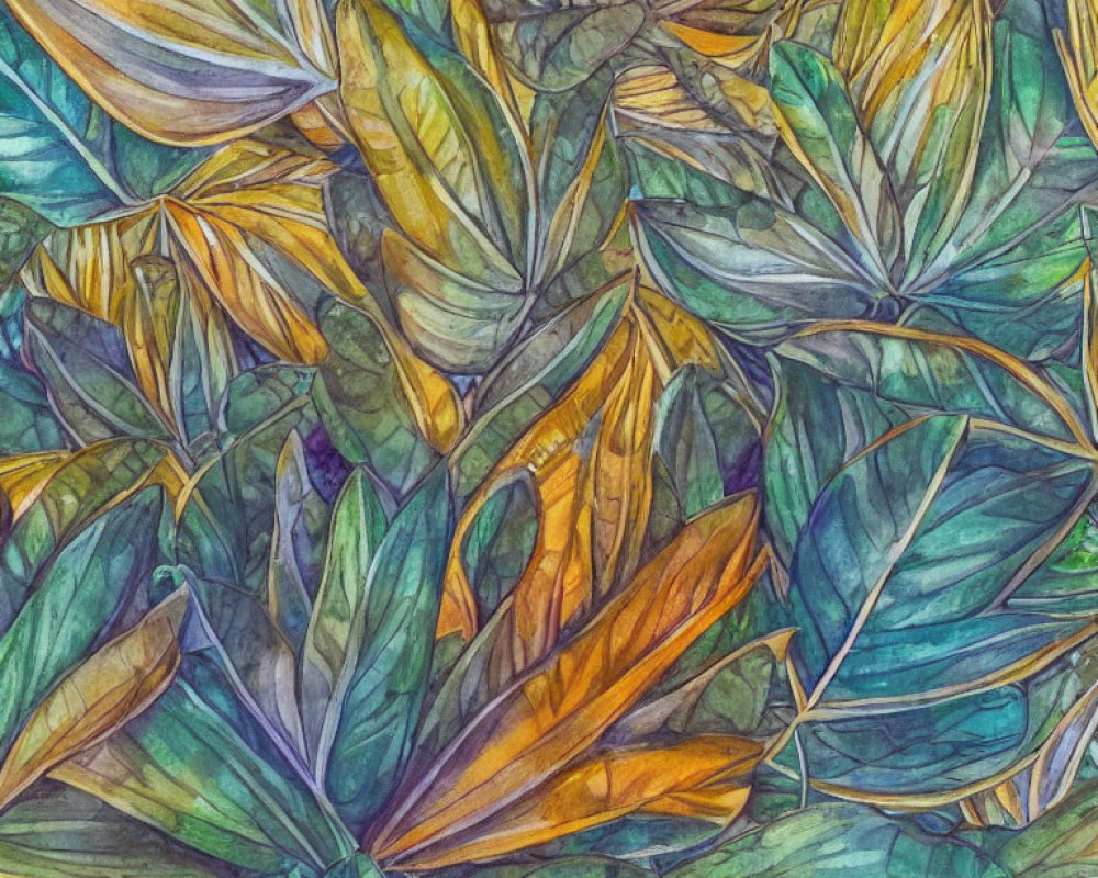 Colorful Tropical Leaves Watercolor Painting in Green, Yellow, Orange, and Blue