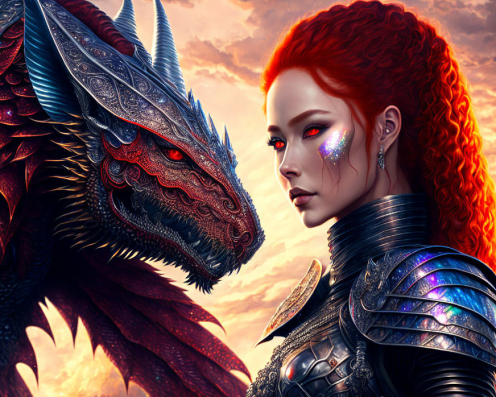 Vibrant red-haired woman in intricate armor with dragon in fiery sky