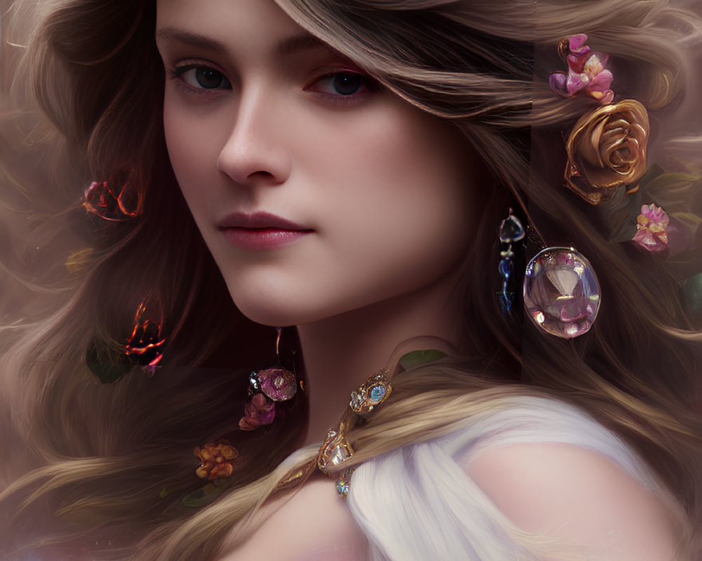 Fantasy portrait of woman with floral hair, holding gemstone heart in mystical setting