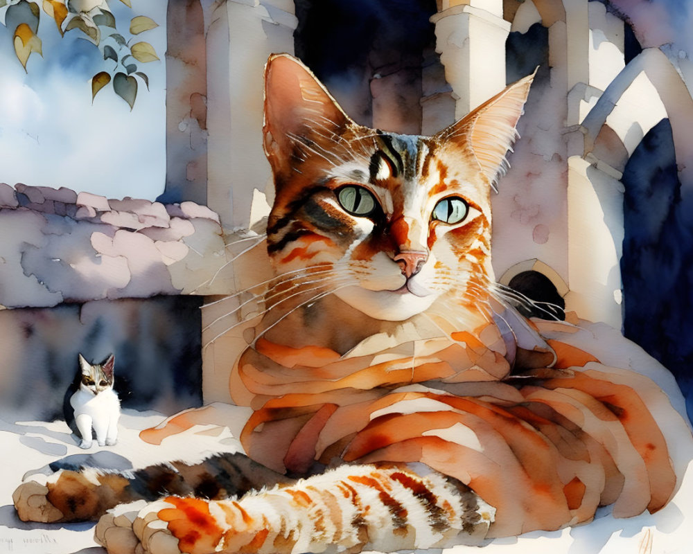 Vivid Watercolor Painting of Orange Tabby Cat and White Kitten