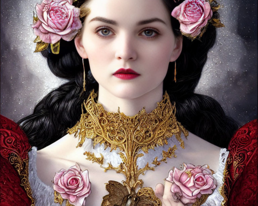 Portrait of woman with pale skin, dark hair, roses, white dress with gold lace, holding rose