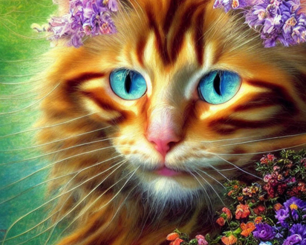 Orange Tabby Cat with Blue Eyes and Purple Flowers Among Colorful Blooms