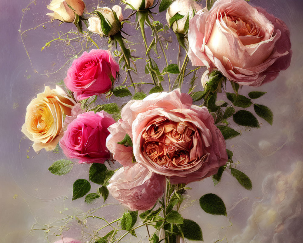 Roses in Pink, Peach, and Cream Against Purple Background