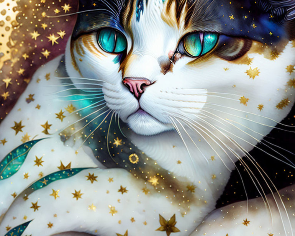 Colorful Cosmic Cat Digital Art with Multicolored Fur and Starry Pattern