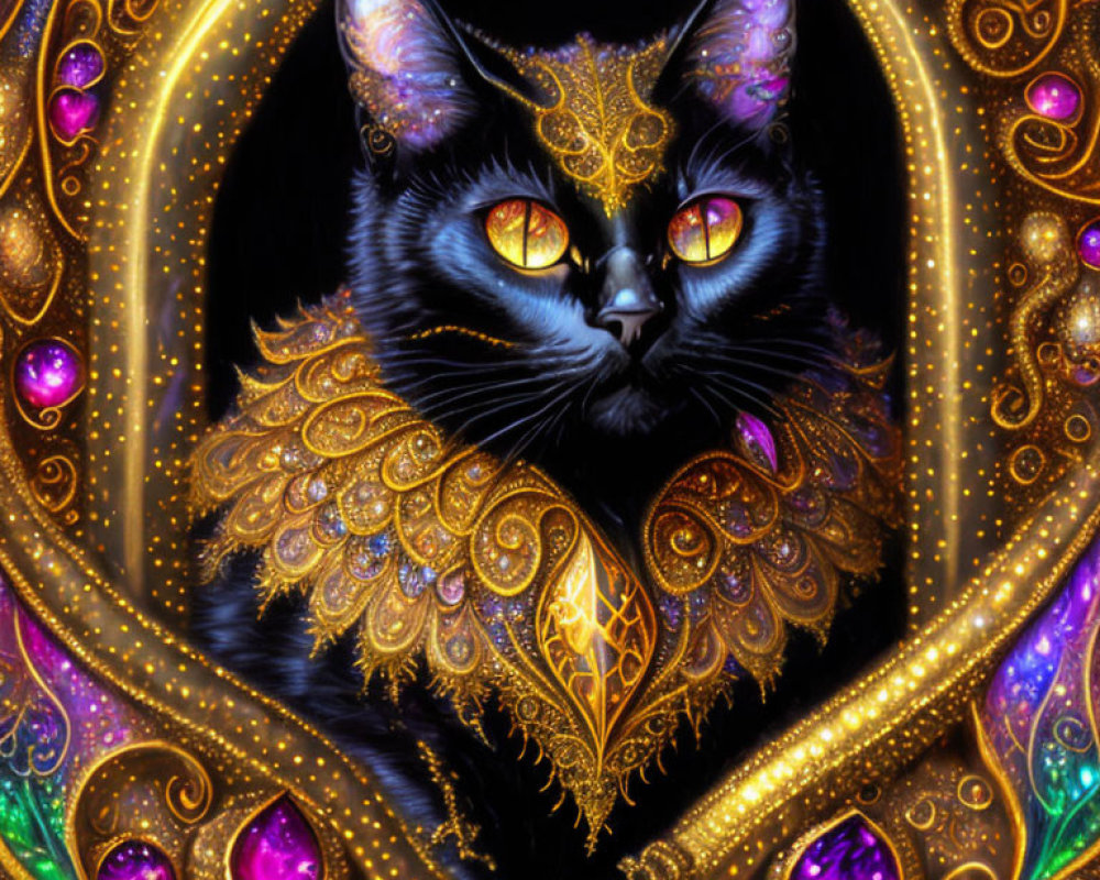 Detailed black cat illustration with golden accents and gemstone frame